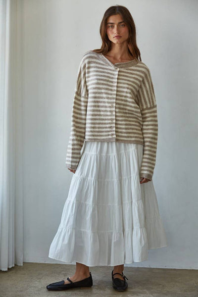 Knit Sweater Striped Buttondown Cardigan Top: Taupe Ivory