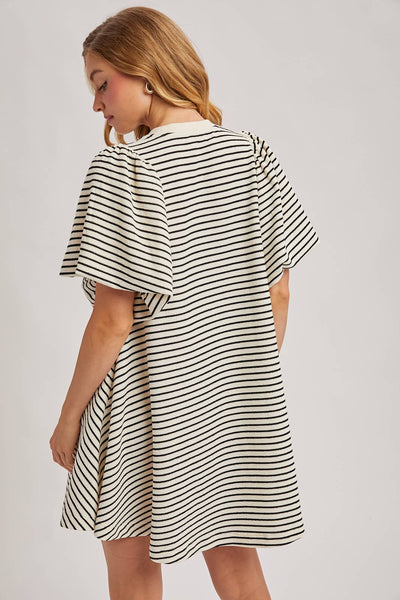PUFF SLEEVES BILLOWY SILHOUETTE STRIPED DRESS: IVORY