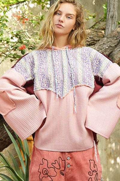 Floral print contrast long sleeve french terry top