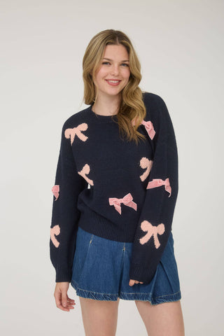 BOW PATTERN LONG SLEEVE KNIT SWEATER: NAVY