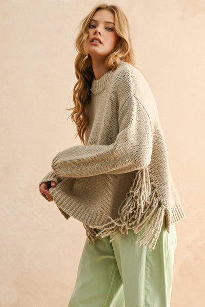 FRINGE ON THE SIDE SWEATER TOP: STONE