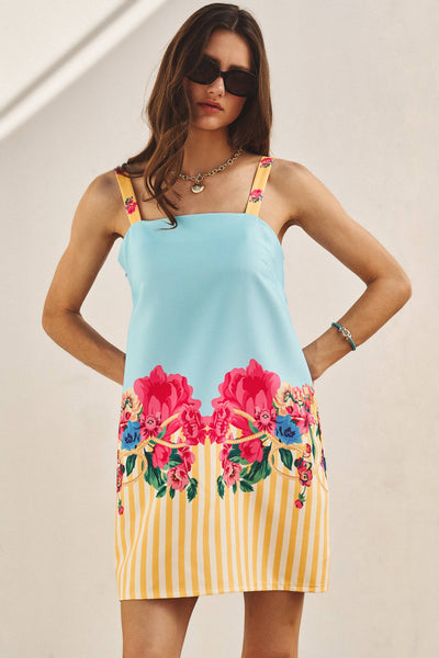 Floral & Stripe Mixed Print Satin Mini Dress: BLUE MULTI