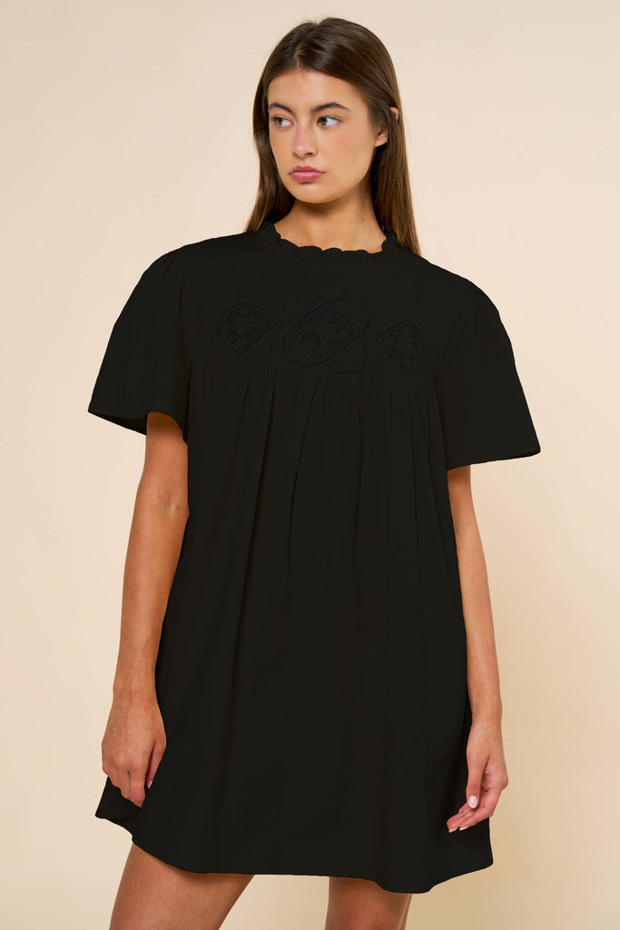 Embroidered Short Sleeve Babydoll Mini Dress: Black Hidden Harlo Embroidered Short Sleeve Babydoll Mini Dress: Black Hidden Harlo