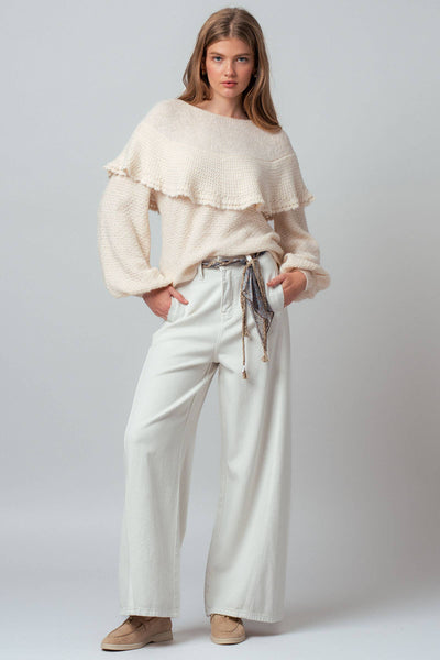 Ruffle Yoke Blouson Sleeve Knit Sweater: NATURAL