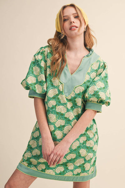 FLORAL PRINT PUFF SLEEVE A-LINE MINI DRESS MDR4855: SAGE GREEN FLORAL / M