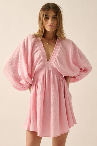 Crinkle Cotton V-neck Dolman-Sleeve Mini Dress: Soft Pink