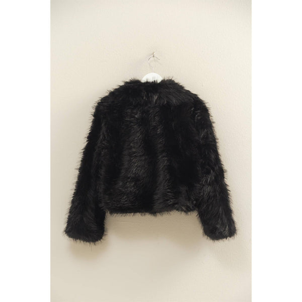 Shawl Collar Faux Fur Jacket: BLACK