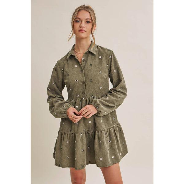 MEADOW MARKET ARTISAN DAISY EMBROIDERED CORDUROY MINI DRESS: OLIVE