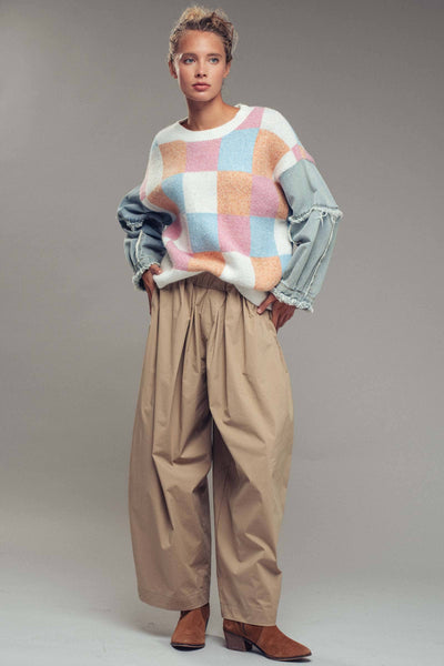 Checkered Knit with Denim Sleeves Crewneck Sweater: PINK COMBO