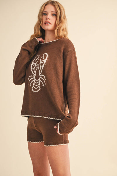 LOBSTER PRINTED KNIT TOP AND SHORTS SET: BROWN/CREAM