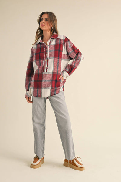 PLAID PATTERN PULLOVER TOP WITH POCKET: NAVY PLAID