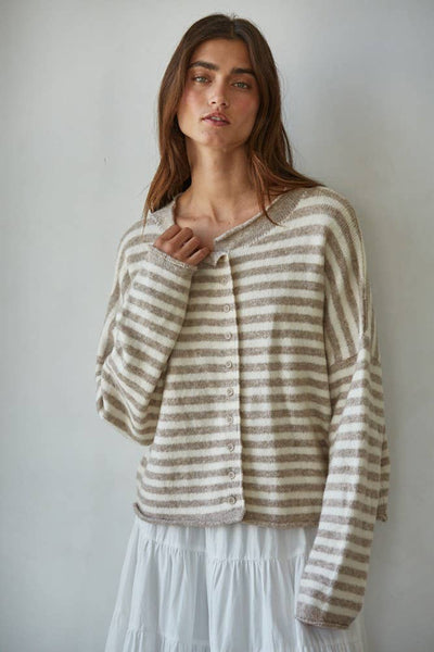 Knit Sweater Striped Buttondown Cardigan Top: Taupe Ivory
