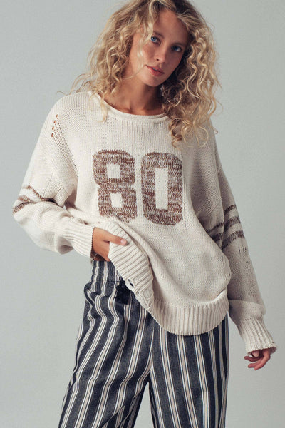 Relaxed Knit Pullover with Varsity Number Detail: Oatmeal