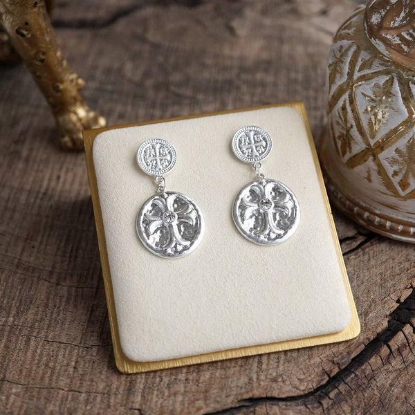 Faith & Relic – Cross Coin Dangle Earrings in Worn Gold or Silver: Silver