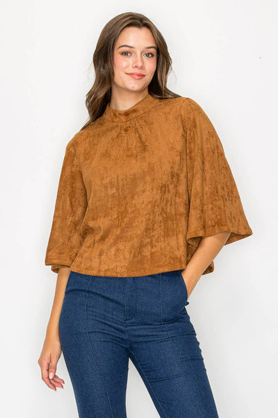 Bell sleeve camel suede top  