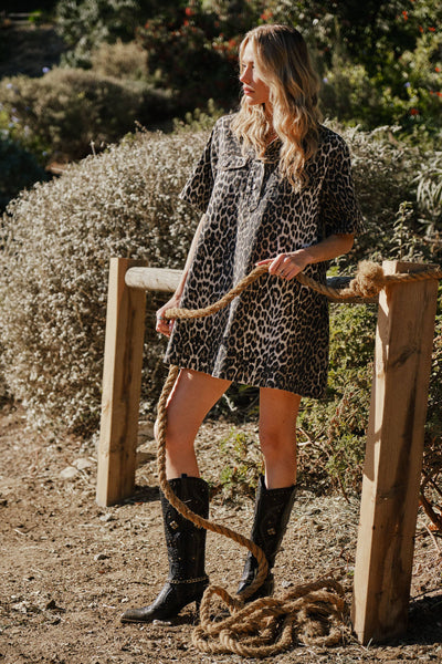 Leopard Print Button-Up Denim Dress: LEOPARD