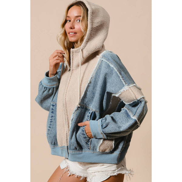 WASHED AND FLEECE MIX AND MATCH ZIP UP HOODIE: DENIM/IVORY