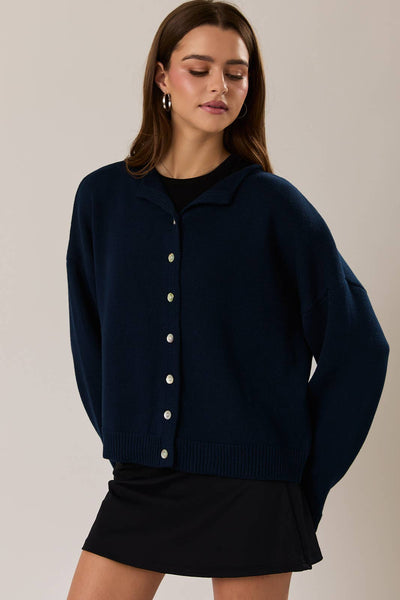 ROUND ROLLED HEMLINE DETAIL THIN SWEATER CARDIGAN: NAVY