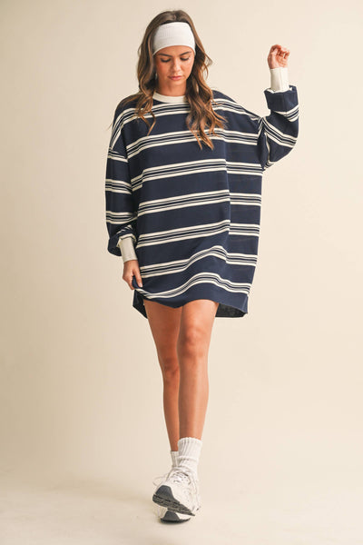 STRIPED LOVE SLEEVE OVERSIZED SWEATSHIRT DRESS: NAVY