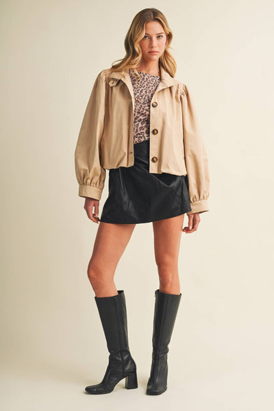Funnel-Neck Puff-Sleeve Blouson Jacket: DK.BEIGE / M