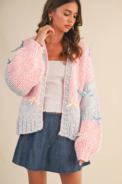 COLORBLOCK RIBBON DETAILED CHUNKY CARDIGAN: Pink