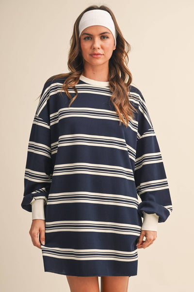 STRIPED LOVE SLEEVE OVERSIZED SWEATSHIRT DRESS: NAVY