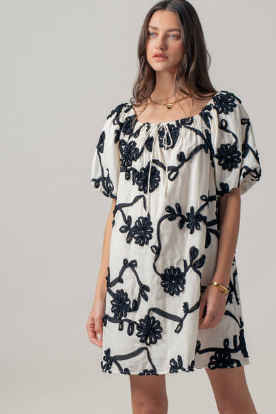 Floral Embroidery Off-Shoulder Puff Sleeve Mini Dres: IVORY / S-2/M-2/L-2