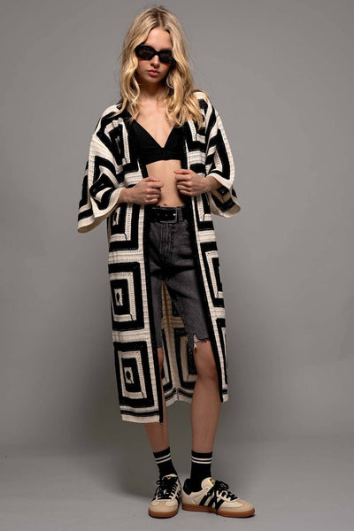 Geometric Crochet Midi Length Open Front Cardigan: BLACK