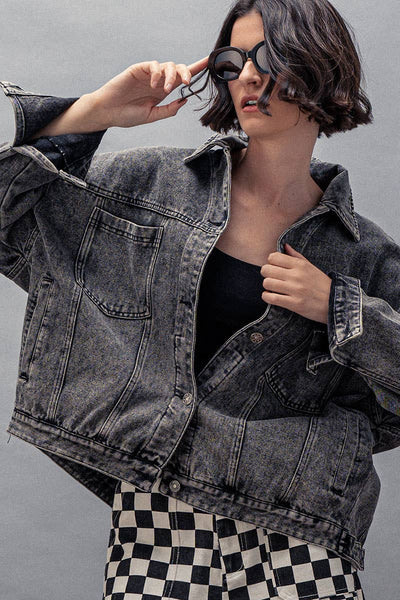 Oversized Button Up Pleated Back Western Jacket: Black