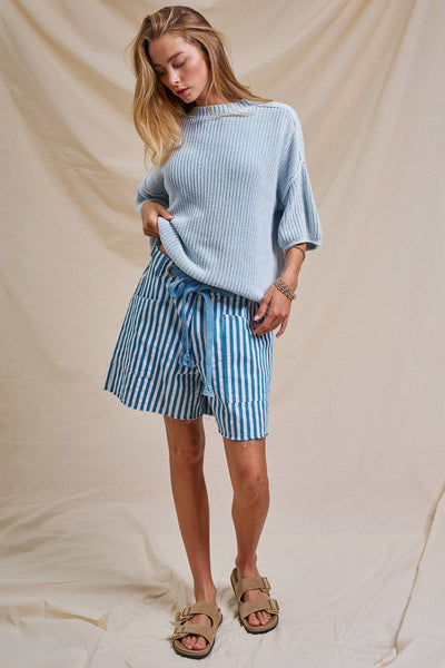 Striped High-Rise Denim Shorts: RED