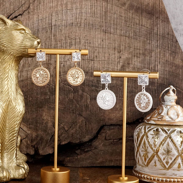 Starlit Relics – Coin & Crystal Drop Earrings: Worn Silver Tone