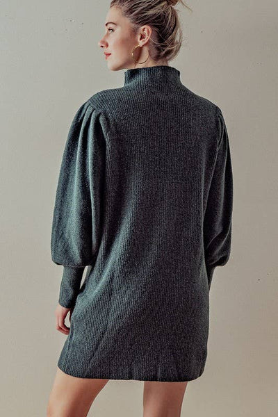Balloon Sleeve Mock Neck Sweater Dress: HUNTER GREEN / S-2/M-2/L-2