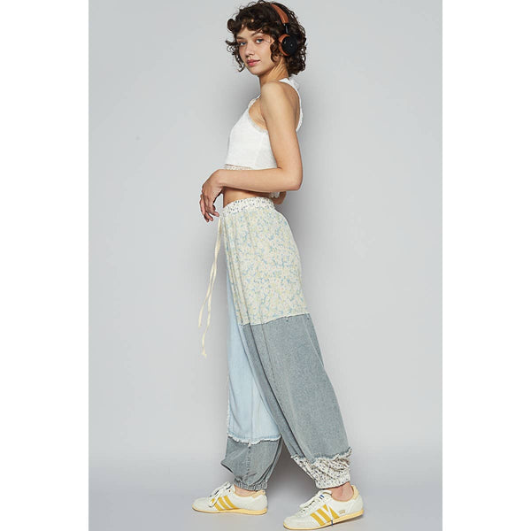 Adjustable waistband contrast patchworks patns: DENIM MULTI / M