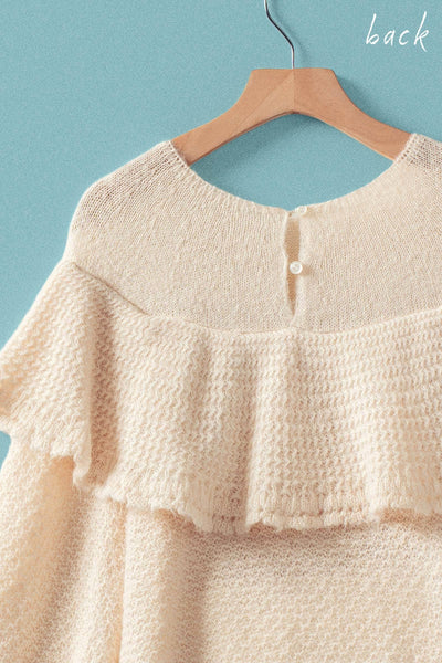 Ruffle Yoke Blouson Sleeve Knit Sweater: NATURAL