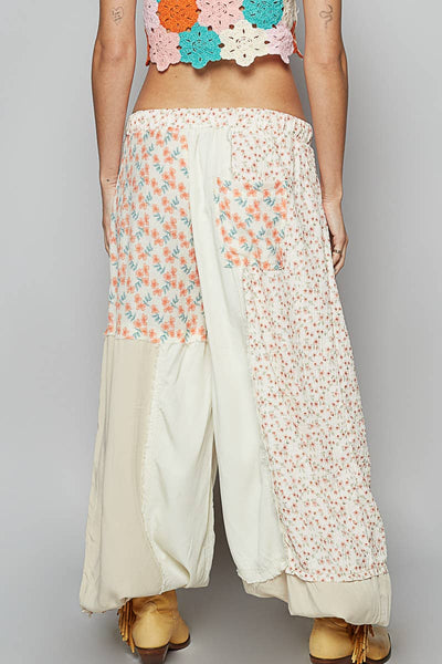 Adjustable waistband contrast patchworks patns: IVORY MULTI