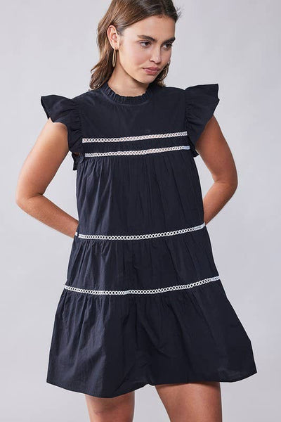 **HAILEE CONT LACE TRIM RUFFLE MINI DRESS: BLACK