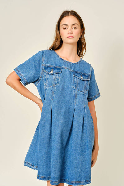 AJD5606 SHORT SLEEVE PLEATED A LINE DENIM DRESS: DENIM / M
