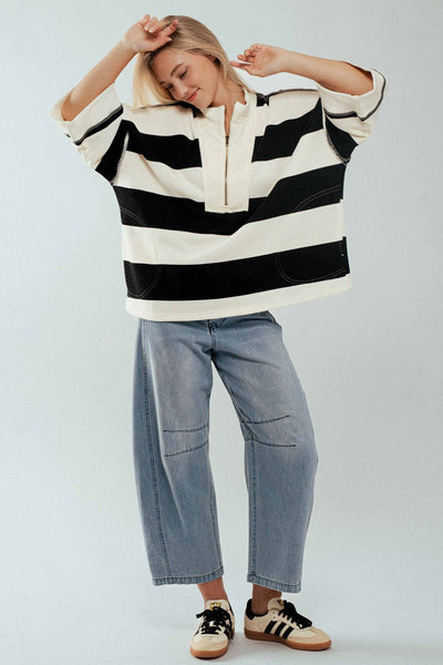 Oversized Half Zip Bold Stripe Statement Pullover Sweatshirt: CREAM BLACK