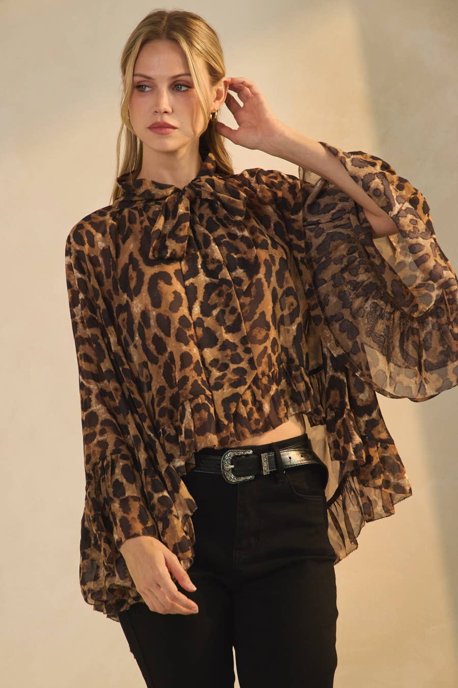 Leopard Printed Chiffon Blouse: Brown Leopard