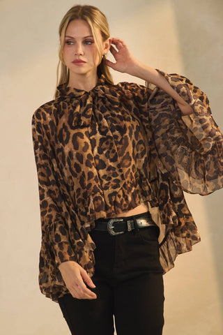 Leopard Printed Chiffon Blouse: Brown Leopard
