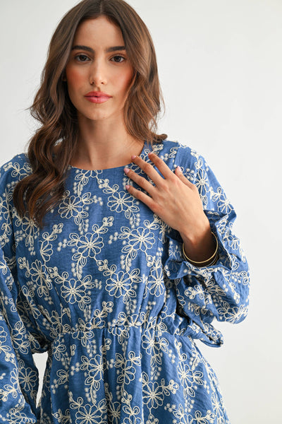 CMD26543AA EMBROIDERED LONG SLEEVE MINI DRESS WITH POCKET: DENIM BLUE/CREAM