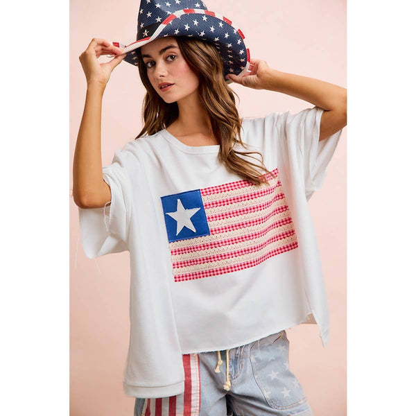 4TH OF JULY AMERICAN FLAG PATCHWORK SHORT TOP: OFF WHITE