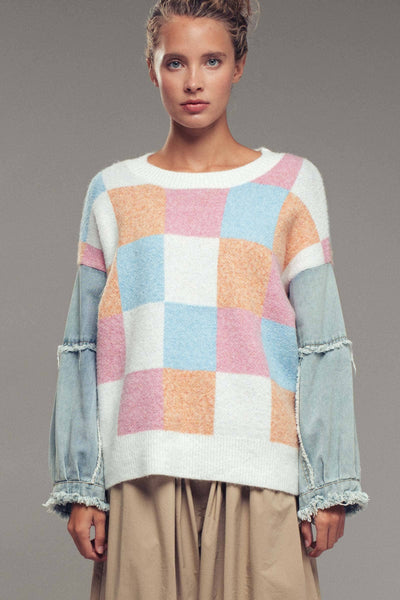 Checkered Knit with Denim Sleeves Crewneck Sweater: PINK COMBO