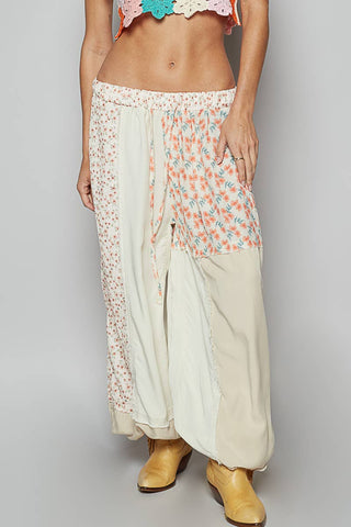 Adjustable waistband contrast patchworks patns: IVORY MULTI