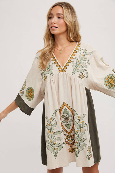 BOHO EMBROIDERED BABYDOLL DRESS: SAGE