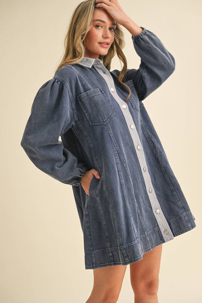 WASHED DENIM BUTTON DOWN FLARED MINI DRESS MDR3385: Indigo