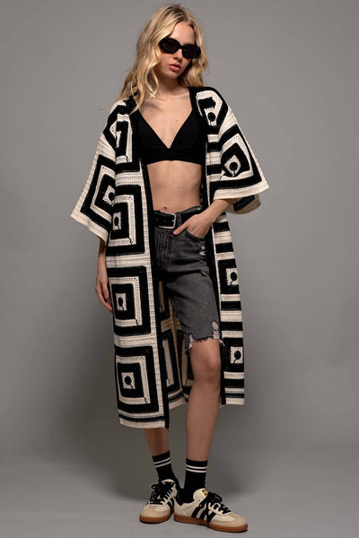 Geometric Crochet Midi Length Open Front Cardigan: BLACK
