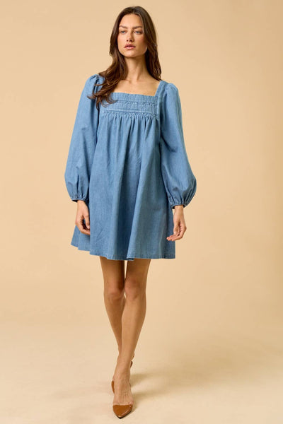 Long Sleeve Puff Sleeve Denim Dress