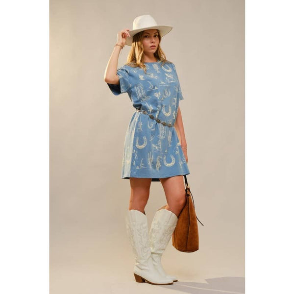 Western Printed Short Sleeve Shirts Dress: MEDIUM BLUE