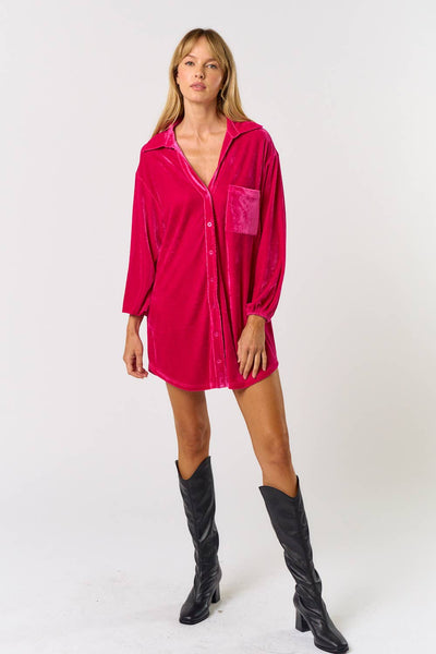 VELVET BUTTON UP COLLARED SHIRTS DRESS: HOT PINK